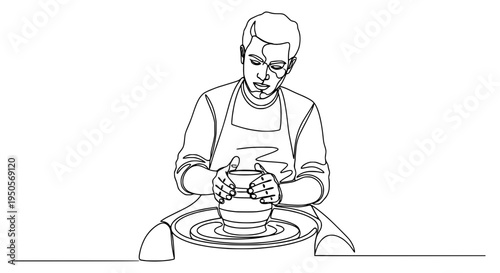 Potter shaping clay on a pottery wheel with focused expression featuring crafting, creating, ceramic with art and