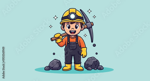 Happy Miner Cartoon Character with Pickaxe and Coal.