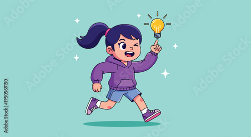 Happy little girl running with a bright idea light bulb.
