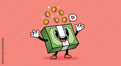 Happy Money Stack Character with Falling Coins Vector Illustration.