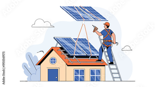 Solar Panel Installation: A technician carefully installs solar panels on a house roof, promoting renewable energy and sustainable living