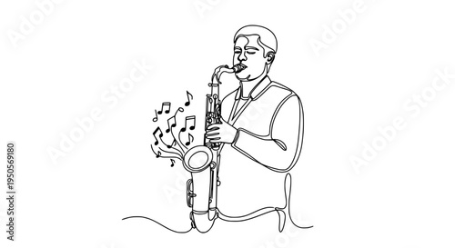 Saxophone player with short hair and musical notes coming out of instrument featuring musician, music, jazz with black