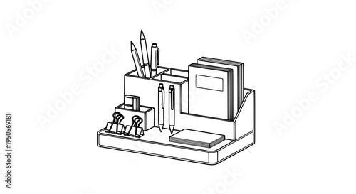 Desk organizer with office supplies including paper, pencils, and pen featuring pencil case, stationery, workspace with