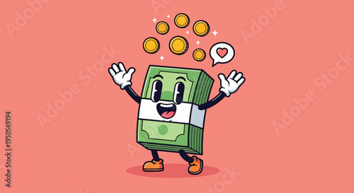 Happy Money Stack Character with Gold Coins and Heart Bubble.