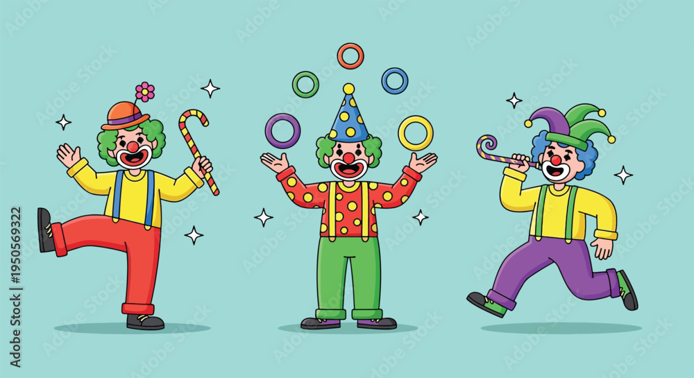 Naklejka premium Three cheerful clowns performing various circus acts with colorful props.