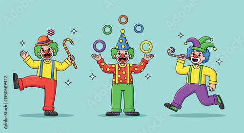 Three cheerful clowns performing various circus acts with colorful props.
