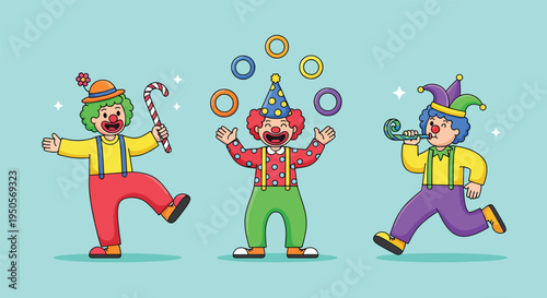 Three cheerful clowns performing various circus acts.