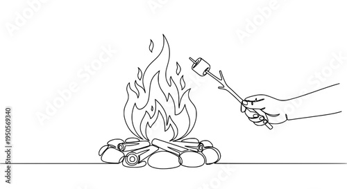 Marshmallow toasting over campfire with stick held by hand featuring fire, flames, cooking with outdoor and camping