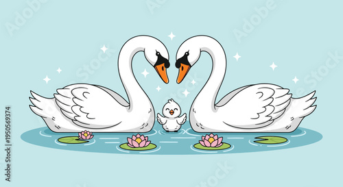 Two elegant swans form a heart shape with their necks with a small cygnet between them floating on a serene pond with lily pads and blossoms.