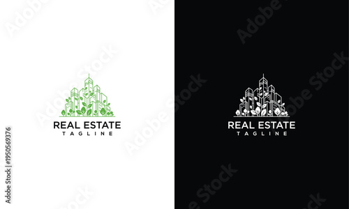 Real Estate Logo Design Modern City Skyline Property Icon Green Building Vector Symbol.