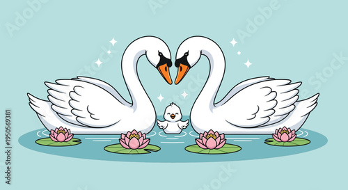 Two elegant swans form a heart shape with their necks with a small cygnet between them surrounded by water lilies on a serene pond.