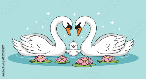 Two elegant swans forming a heart shape with their necks accompanied by a cygnet and water lilies symbolizing love and family.