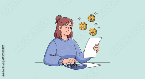 Woman calculating finances with calculator and paper money management.