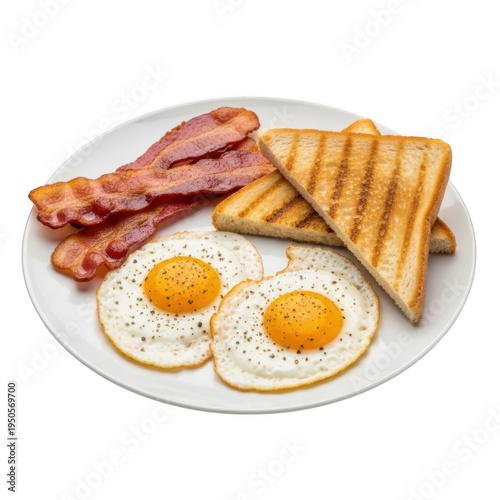 Delicious breakfast plate with eggs bacon and toast isolated on transparent background