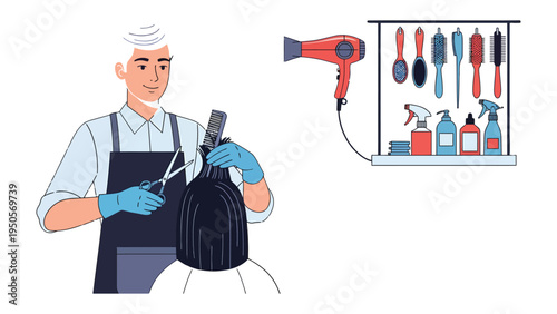 Hair Stylist in Action: A skilled stylist meticulously trims a client's hair with precision, surrounded by essential tools of the trade, creating a professional and polished look.