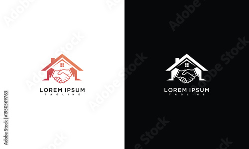 Real Estate Handshake Home Logo. Property Deal House Agreement Mortgage Brokerage Brand Symbol.
