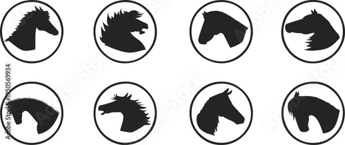 Horse head silhouette badge set with circular frames and elegant equine profiles. Minimal animal emblem collection ideal for ranch branding, equestrian clubs, farm labels, and sport team identity desi
