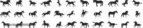 Horse silhouette collection with multiple running, standing, and jumping poses. Dynamic equine animal shapes ideal for ranch branding, equestrian sport graphics, farm logos, and wildlife themed design