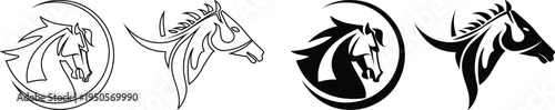Horse head logo collection with elegant equine profiles and flowing mane shapes. Modern and vintage style animal emblems ideal for ranch branding, equestrian clubs, farm labels, and sport team 