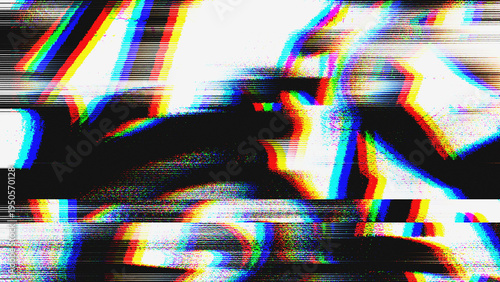 Картината върху платно Digital signal corruption texture with RGB chromatic aberration and horizontal scanline artifacts on a dark base