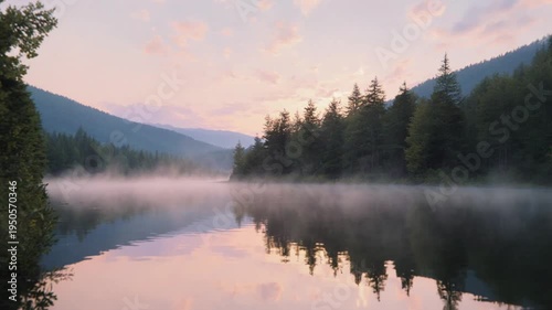 Tranquil lake scene at dawn with misty atmosphere and mountain backdrop