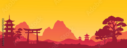 Asian Landscape Silhouette with Grand Torii Gate and Pagoda Vector Illustrator