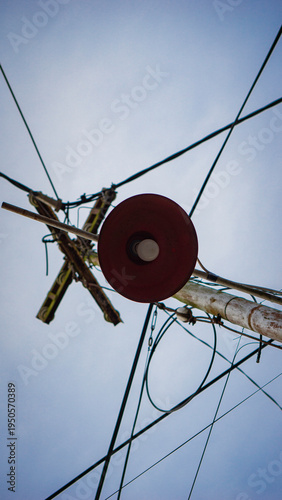 Utility Pole Lamp and Overhead Wires — lampu jalan
