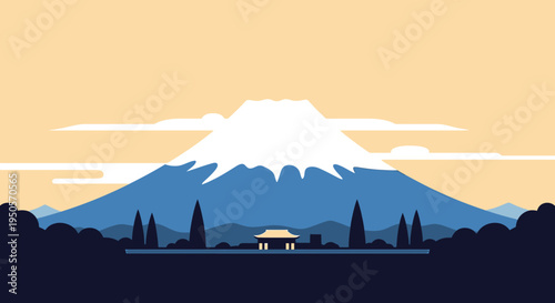Stylized Mount Fuji Landscape with Traditional Japanese Temple and Clouds