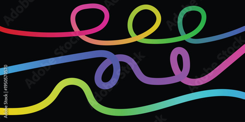 Vibrant rainbow ribbon flowing smoothly, creating playful loops and curves against black backdrop, abstract digital art and graphic design element with colorful gradients and fluid motion, smooth text