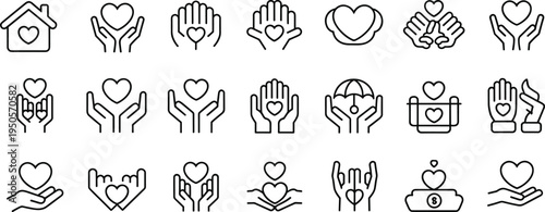 Heart icons, charity symbols, healthcare support, emotional care, donation box, protection umbrella, love hands, compassion design, social service, nonprofit illustration