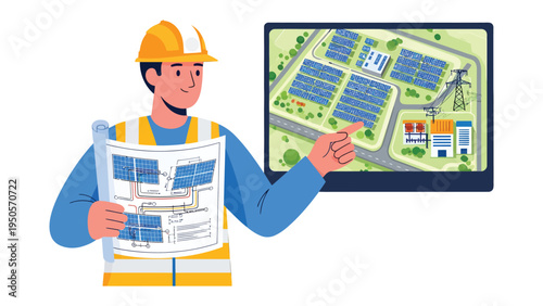 Green Energy Blueprint: A dedicated engineer meticulously reviews a blueprint of a solar farm. The image depicts his passion for renewable energy and sustainable practices.