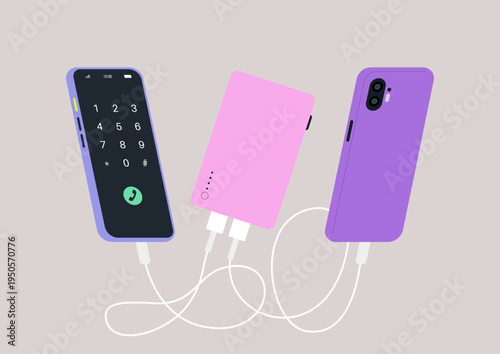 Colorful smartphones in shades of purple and a pink powerbank are connected by charging cables, bringing tech innovation to life in a lively workspace.