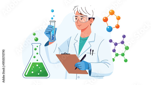 Science in Action: A dedicated scientist in a pristine lab coat meticulously examines a test tube, surrounded by essential equipment and molecular structures, symbolizing the essence of discovery.