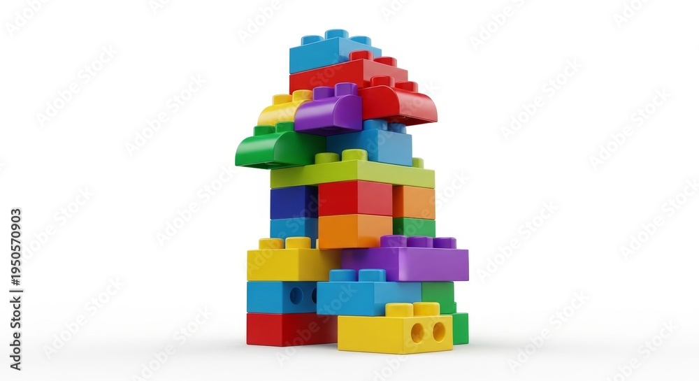 Obraz premium Colorful LEGO-style building blocks arranged as a house shape on white background