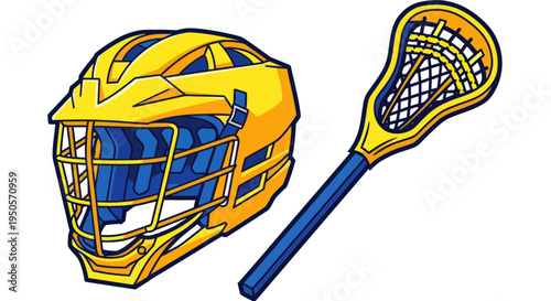 Yellow Lacrosse Helmet and Stick, Sports Equipment Illustration