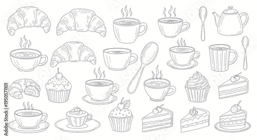 Hand-drawn Breakfast Pastries, Coffee Cups, and Tea Set Sketch