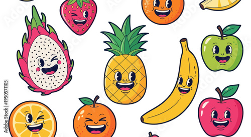 Happy Cartoon Fruits Pattern: Strawberry, Banana, Apple, Orange, Pineapple, Dragon Fruit