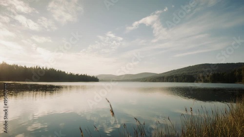 Tranquil lake scene with mountains and sunlight at daytime