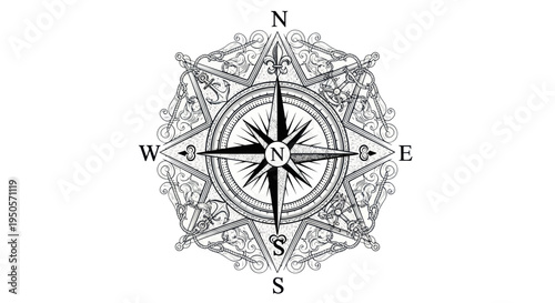 Ornate Compass Rose with Nautical Star and Cardinal Directions