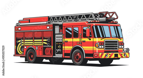 Red Fire Truck with Ladder and Hoses - Emergency Vehicle Illustration
