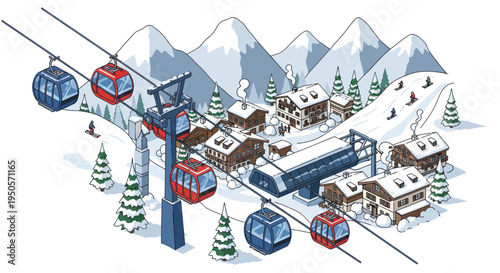 Ski Resort Village with Cable Cars and Snowboarders on Mountains