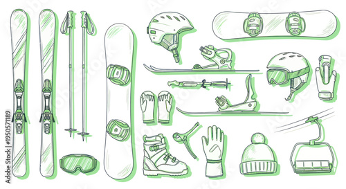 Winter Sports Equipment Collection: Skis, Snowboard, Helmets, Boots, Goggles, Poles