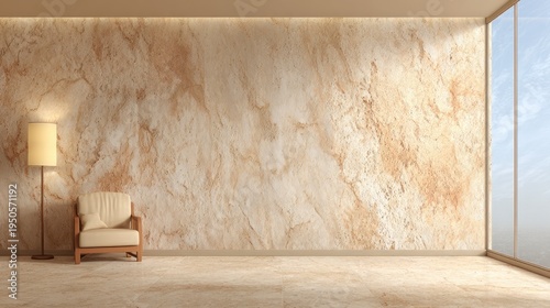 Minimalist room with textured wall, armchair, and floor lamp.