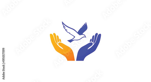 This meaningful logo features two cupped hands—one yellow and one blue—gently cradling a flying bird. The design symbolizes care, peace, freedom, support, protection, and global unity. 