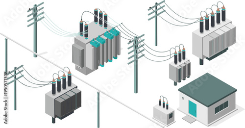 Isometric electric power substation with transformers, utility poles and transmission lines, electricity distribution infrastructure engineering illustration isolated on white