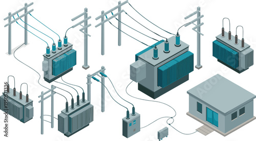 Isometric electric power substation with transformers, utility poles and transmission lines, electricity distribution infrastructure engineering illustration isolated on white