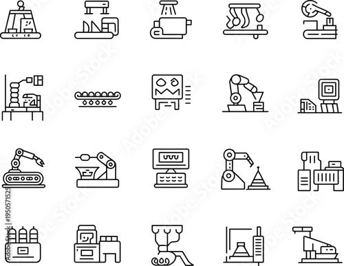 Industrial automation icons, factory machinery, robotic arms, conveyor belts, production equipment, smart factory, engineering, technology, manufacturing, control panels, process