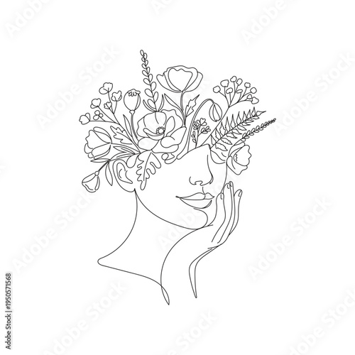 Elegant Female Profile Silhouette with Intricate Floral Crown Line Art Vector Illustrator