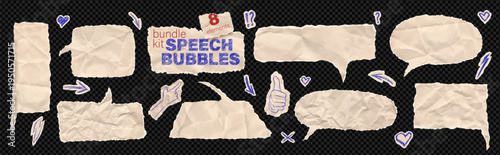 Speech bubble sticker dialogue box bundle kit. Set of beige comic sheet torn with scribble talking balloons and message label. Scrapbook paper piece idea crafts for collage on like transparent png bg