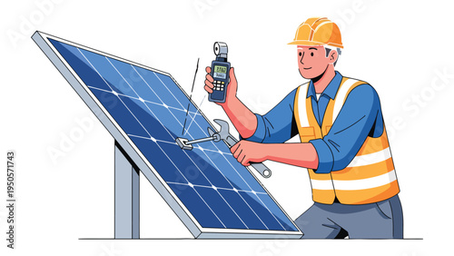 Solar Panel Technician: A skilled technician, equipped with tools, diligently inspects a gleaming solar panel, symbolizing innovation, sustainable energy, and a commitment to a greener future.